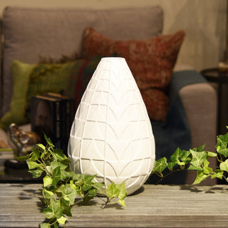 Bellied Round Vase, Narrow Lips and Embossed Triangle Design Body, White