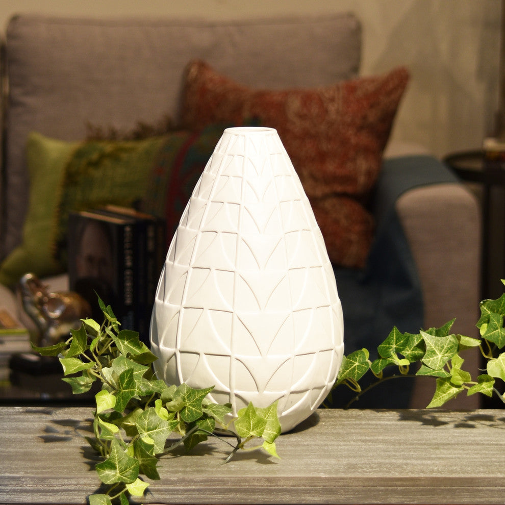 Bellied Round Vase, Narrow Lips and Embossed Triangle Design Body, White