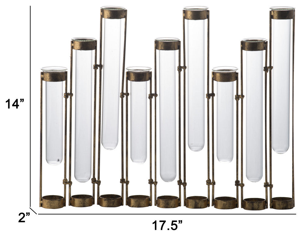 Benzara BM285277 18" 9 Slot Accent Vase, Glass Body Pieces, Antique Bronze