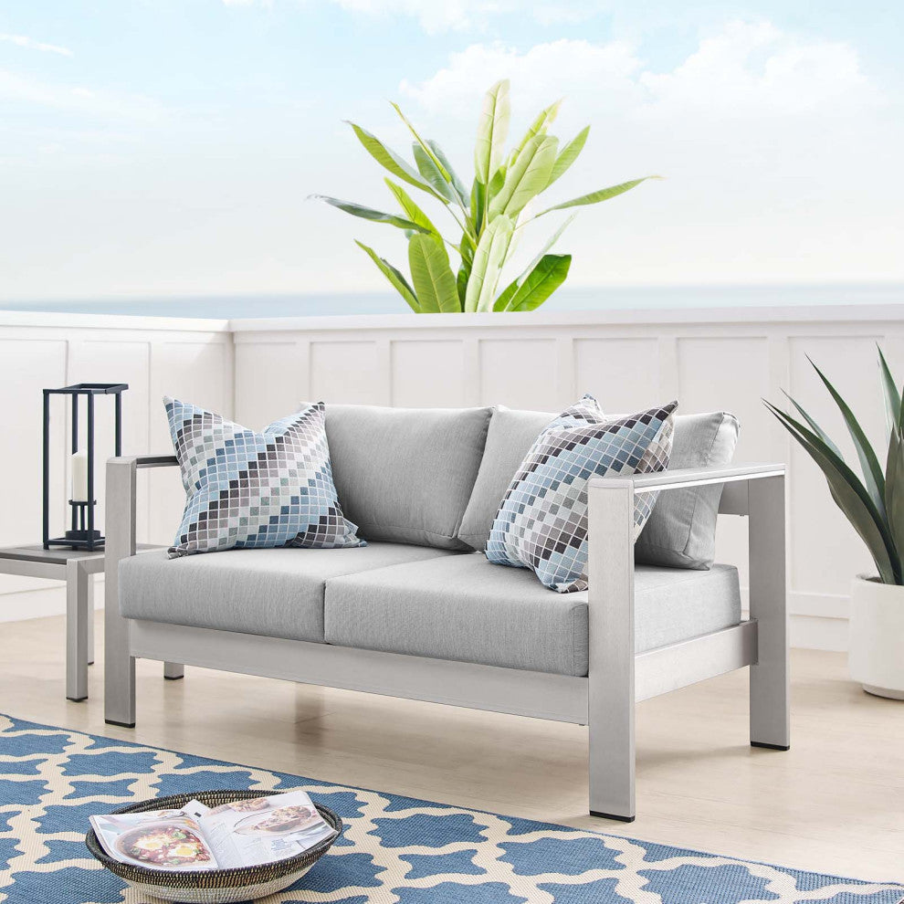 Lounge Loveseat Sofa, Sunbrella, Fabric, Aluminum, Silver Gray, Outdoor