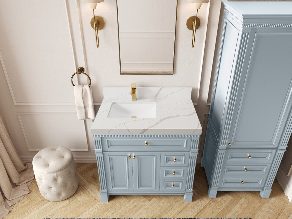 Paris 36" Left Offset Bathroom Vanity, Blue Heather 2" Calacatta Laza