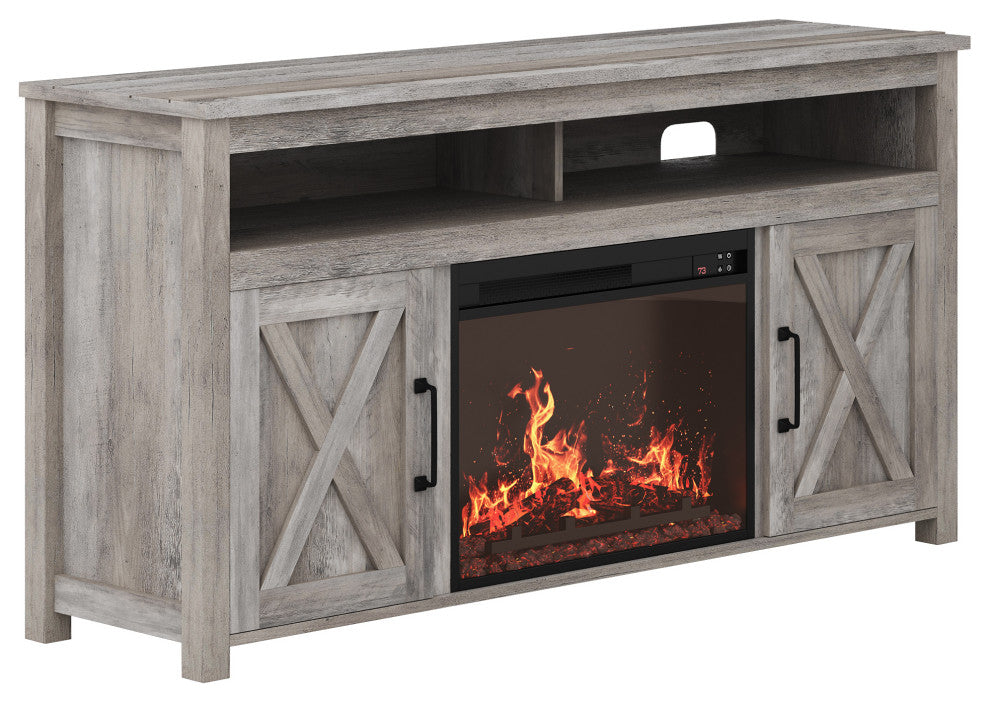 58" Corin Barn Door TV Stand with 23" Fireplace, Gray Wash