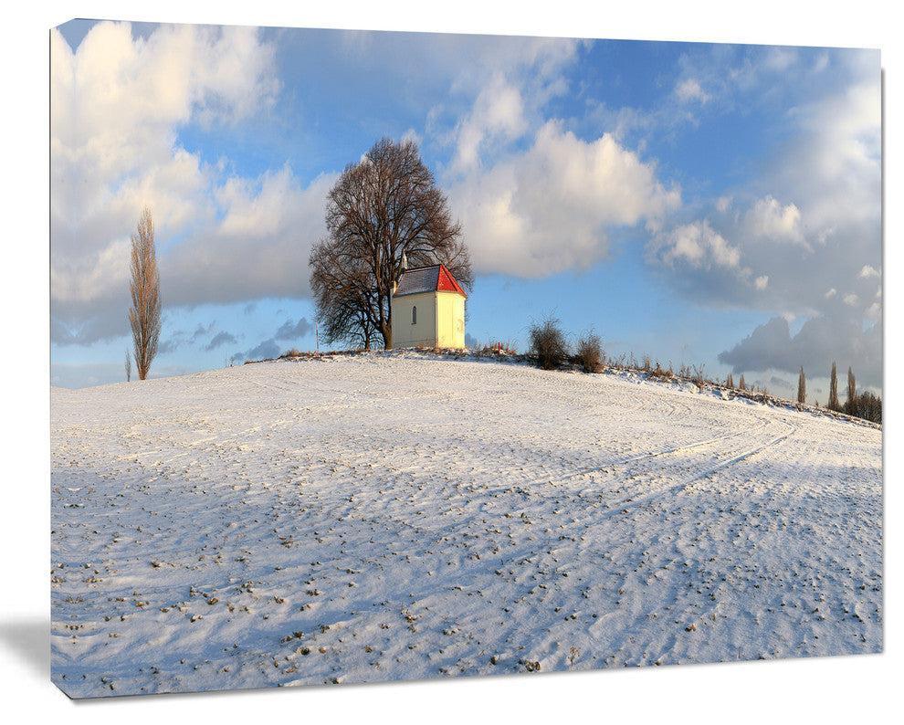 Winter Landscape with Chapel, Landscape Canvas Art Print, 20"x12"