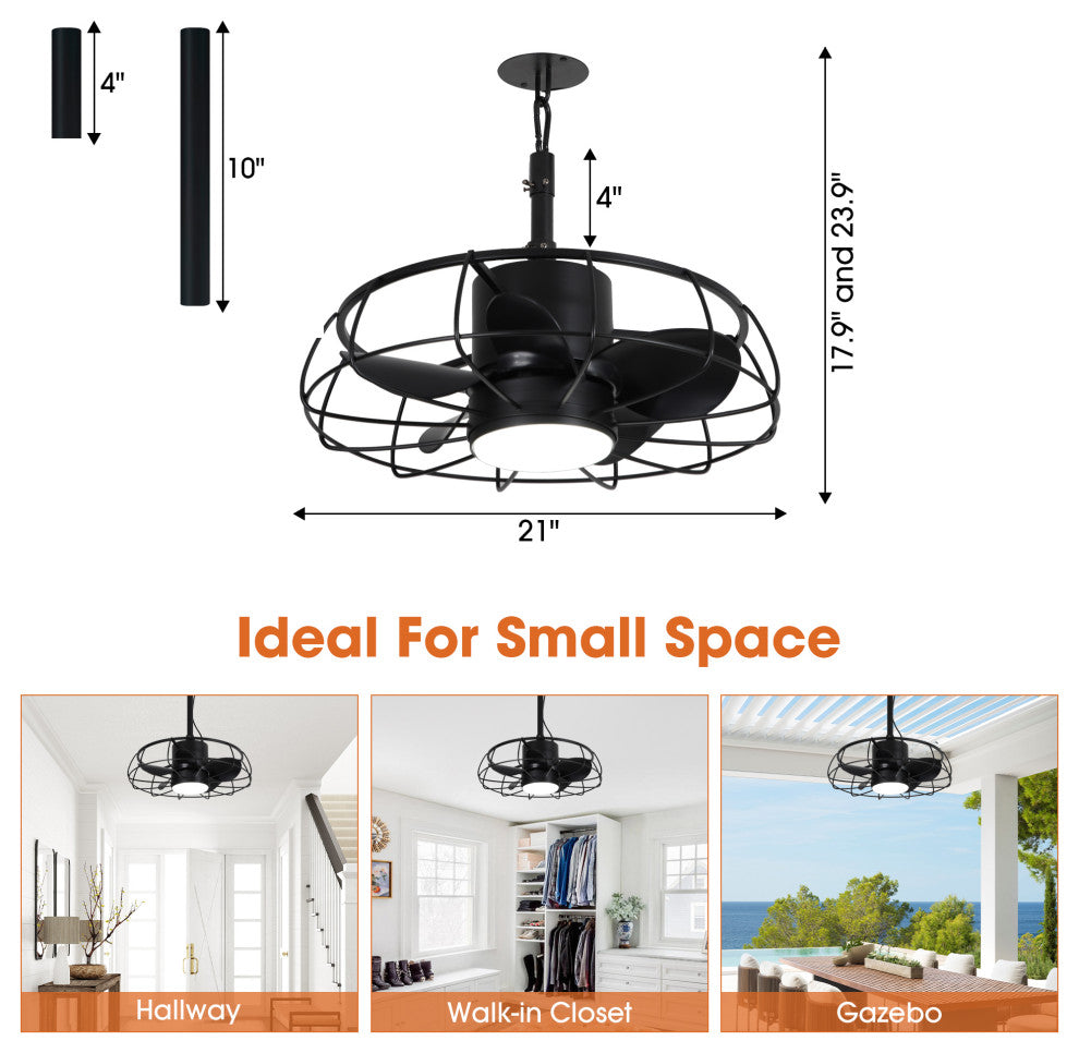 20-inch Modern Outdoor Black Small Cage Black LED Ceiling Fan with Remote