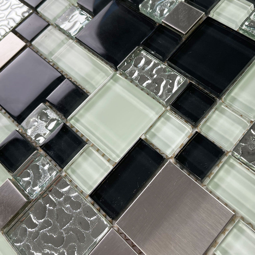 Glass Mosaic Tile Gray White Electroplate Stainless Steel Paragon, 1 sheet
