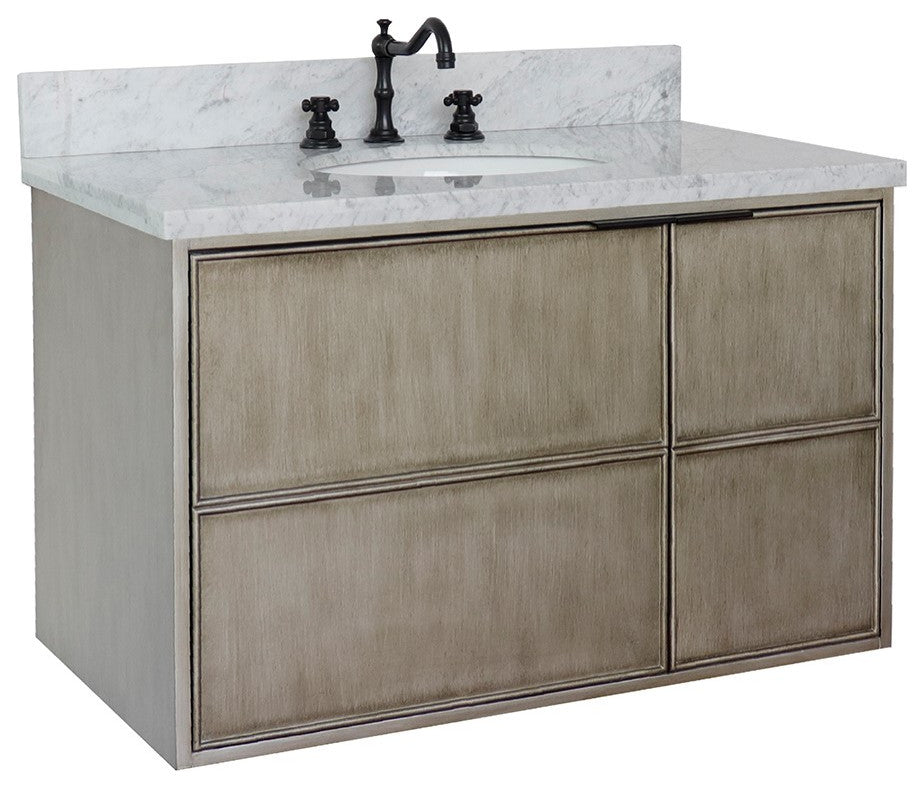 37" Single Wall Mount Vanity, Linen Brown Finish With White Carrara Top