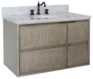 37" Single Wall Mount Vanity, Linen Brown Finish With White Carrara Top