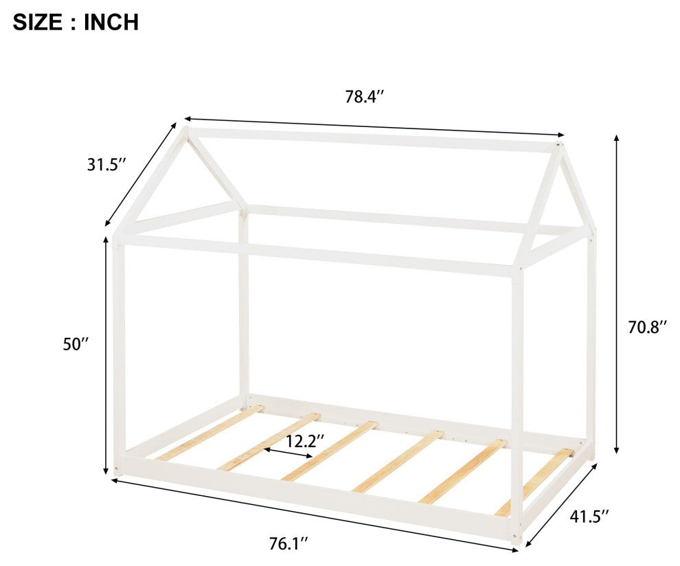 Gewnee Twin Size Wooden House Bed in White