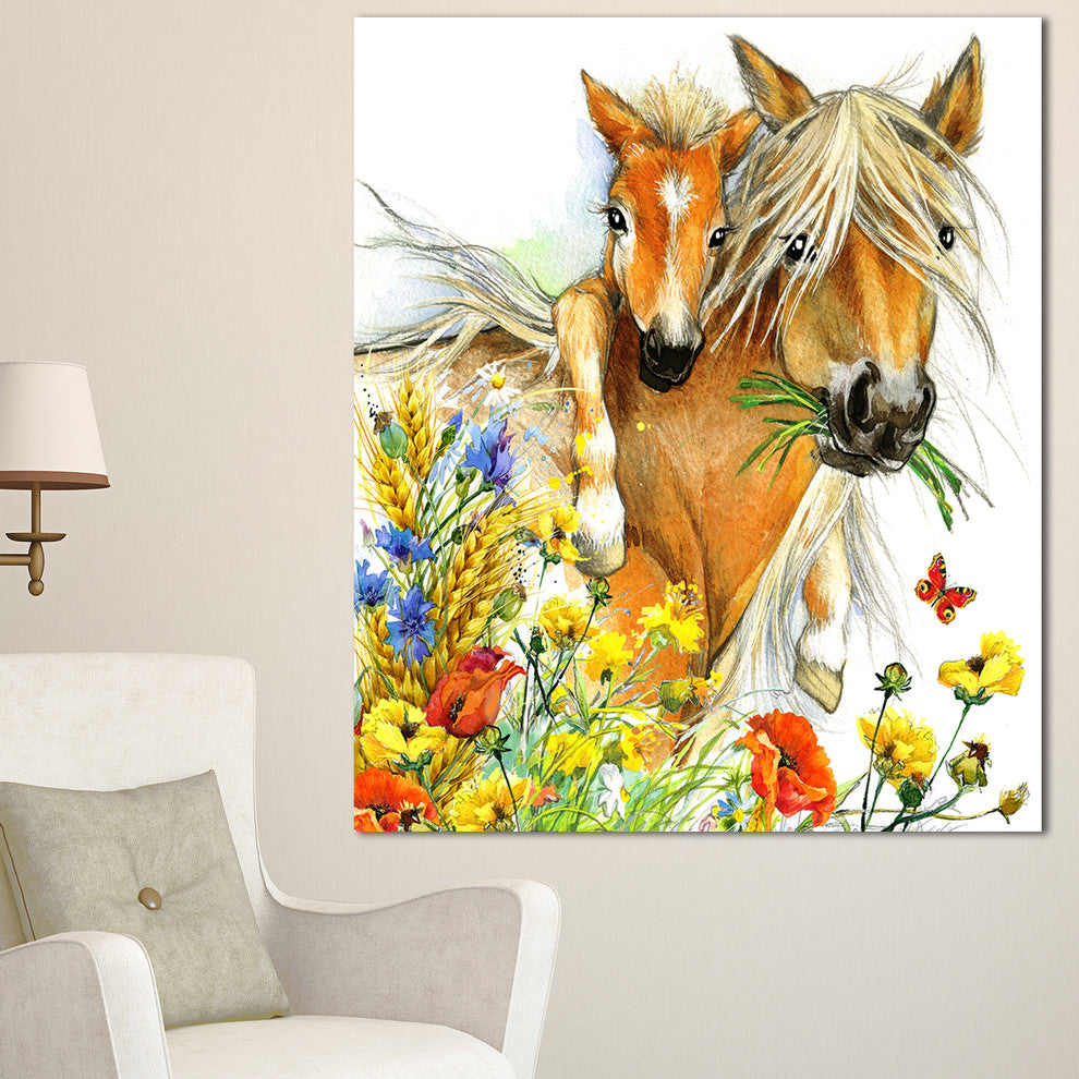 Horse and Foal with Flowers, Animal Canvas Art Print, 30"x40"