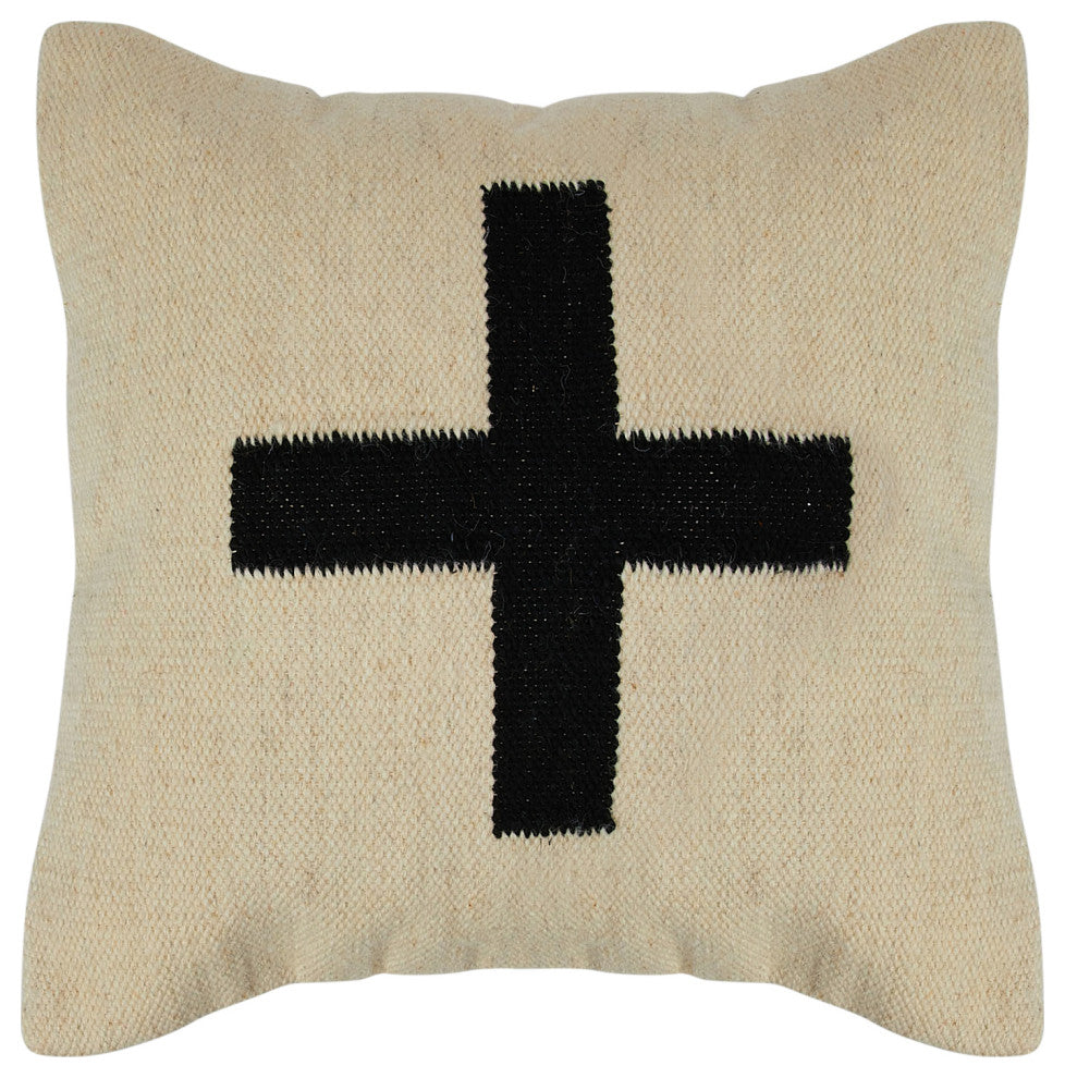 Swiss Cross Cotton Wool Throw Pillow, Black and Natural