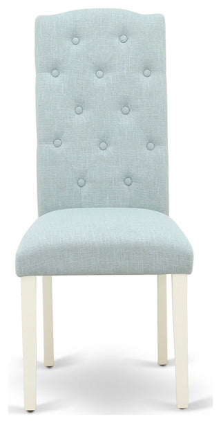 5Pc Dining Set, Round Table, Four Parson Chairs, Baby Blue Fabric, Linen White
