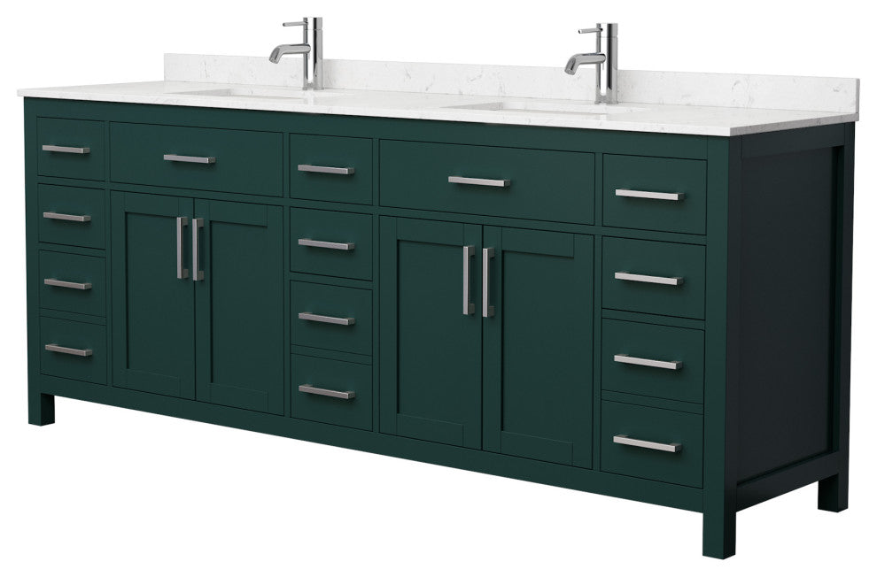 84"DBL Bathroom Vanity Green, Carrara Cult.Marble Countertop, Sinks, Nickel Trim