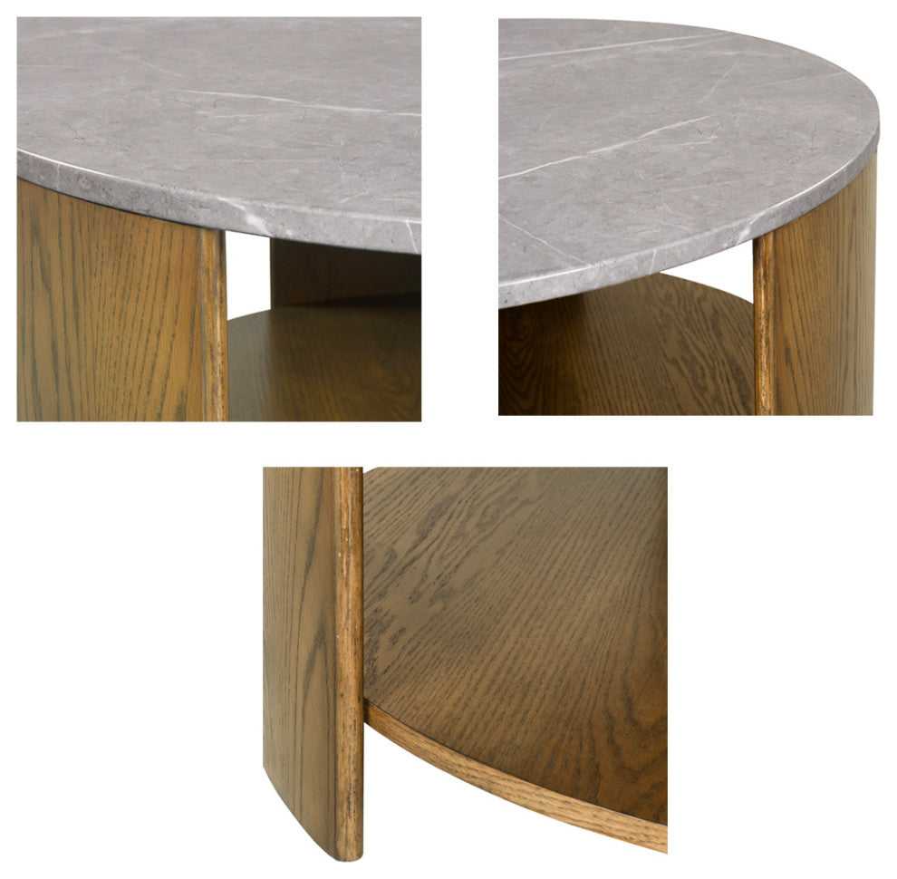 INK+IVY Keegan Round Mixed Material Coffee Table With Shelf, Oak/Marble