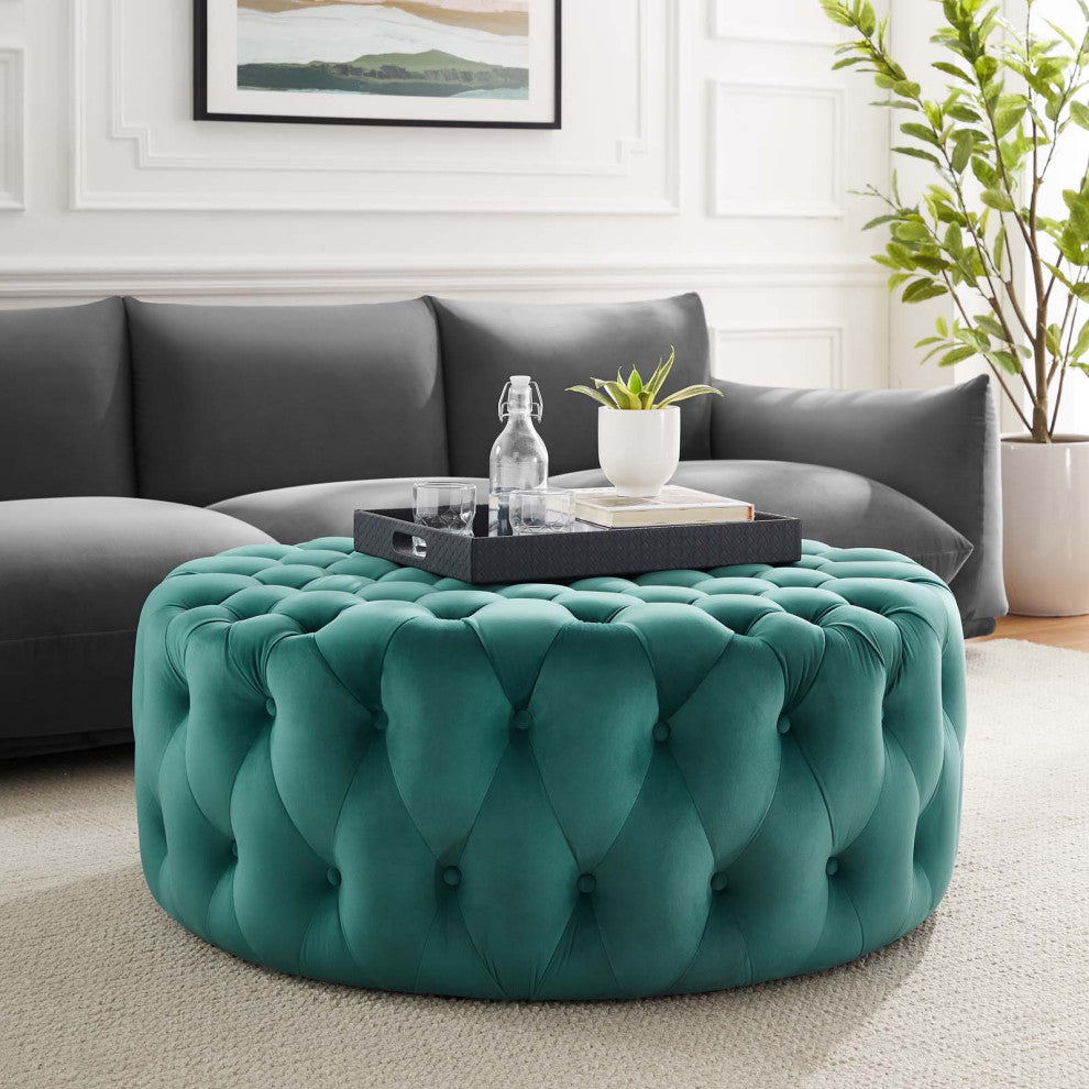 Round Ottoman Accent Tufted Chair, Teal Blue, Velvet, Modern, Cafe Hospitality