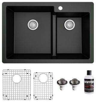 Karran 33" Top Mount Double Bowl 60/40 Quartz Kitchen Sink Kit, Black
