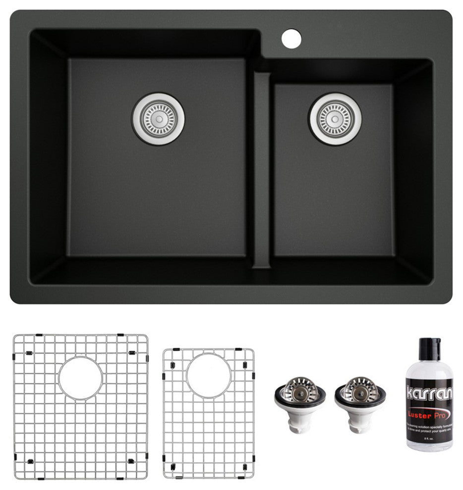 Karran 33" Top Mount Double Bowl 60/40 Quartz Kitchen Sink Kit, Black