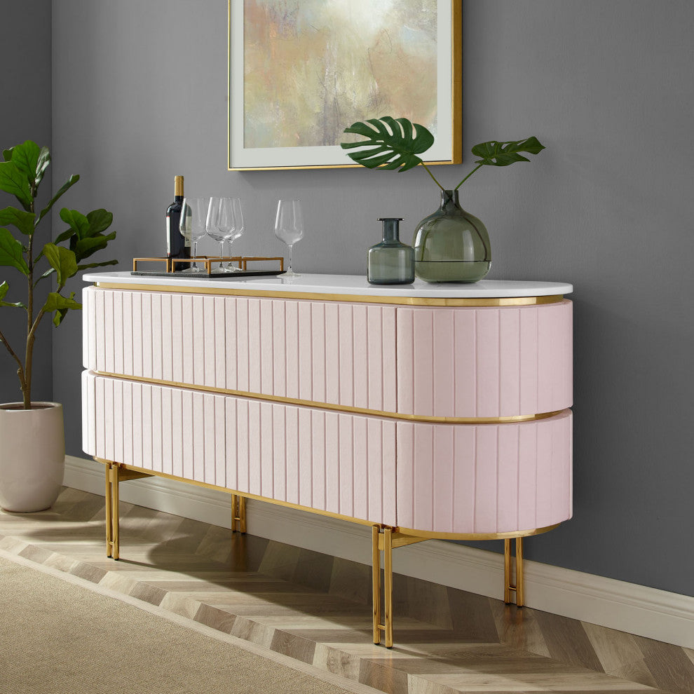 Console Entry Table Sideboard, Pink White, Velvet, Modern, Mid Century Lounge