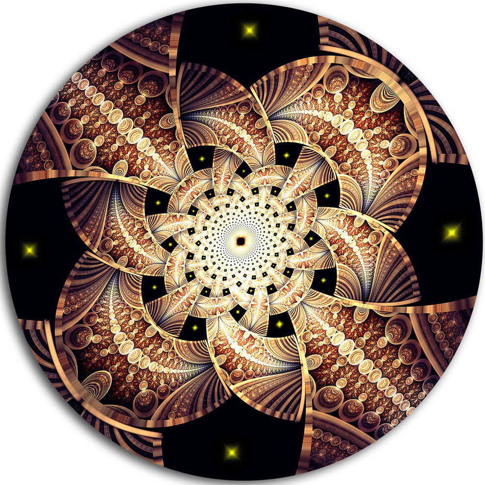 Symmetrical Yellow Brown Fractal Flower, Floral Disc Metal Artwork, 11"