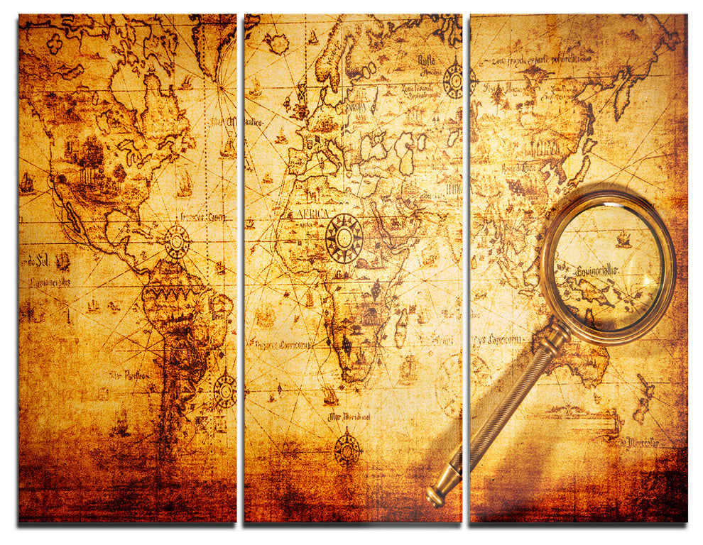 "Magnifying Glass on World Map" Digital Glossy Metal Wall Art, 3 Panels, 36"x28"