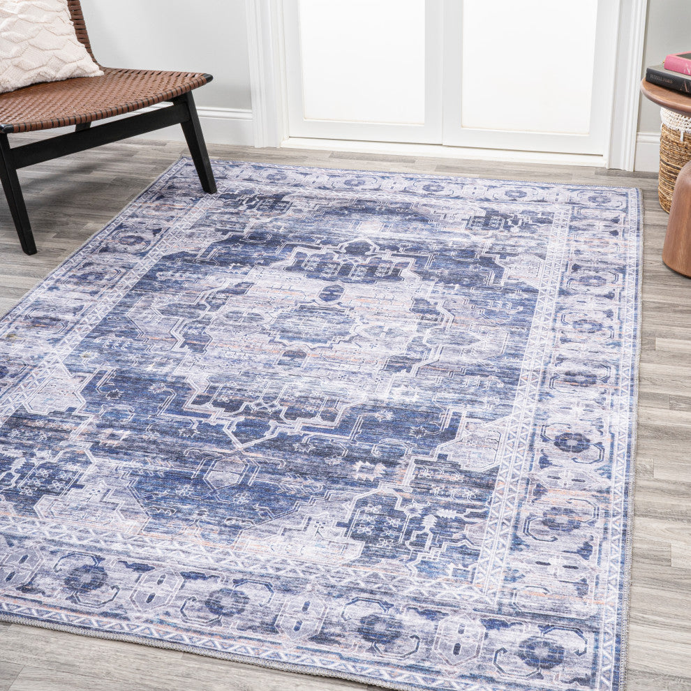 Alanya Ornate Medallion Machine Washable Indoor Area Rug, Navy/Cream, 5 X 8