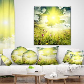 Mountains Pasture Under Bright Sunset Landscape Printed Throw Pillow, 16"x16"