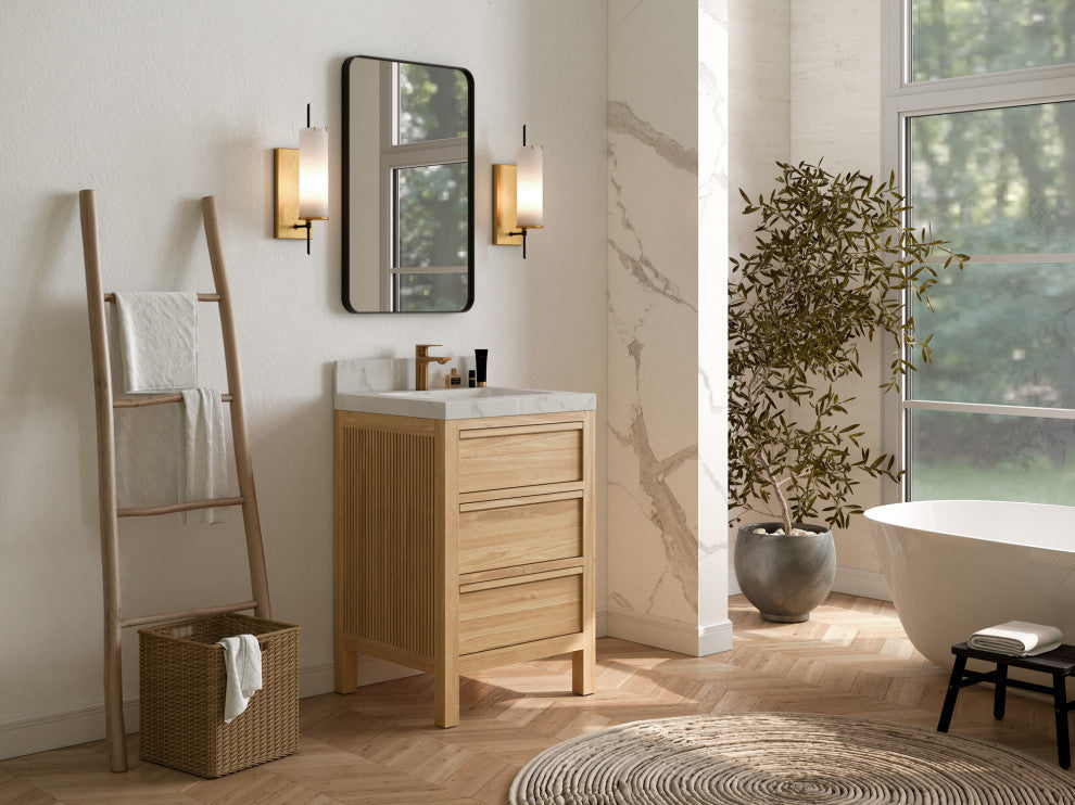 Elizabeth 24 Single Sink Bath Vanity in Light Natural Teak 2" Carrara Quartz