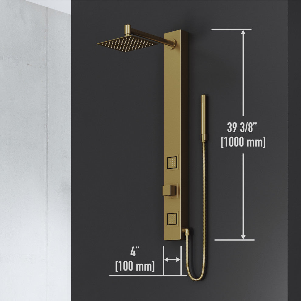 Orchid 39" H x 4" W 2-Jet Retro Shower Panel with Square Shower Head, Matte Brushed Gold