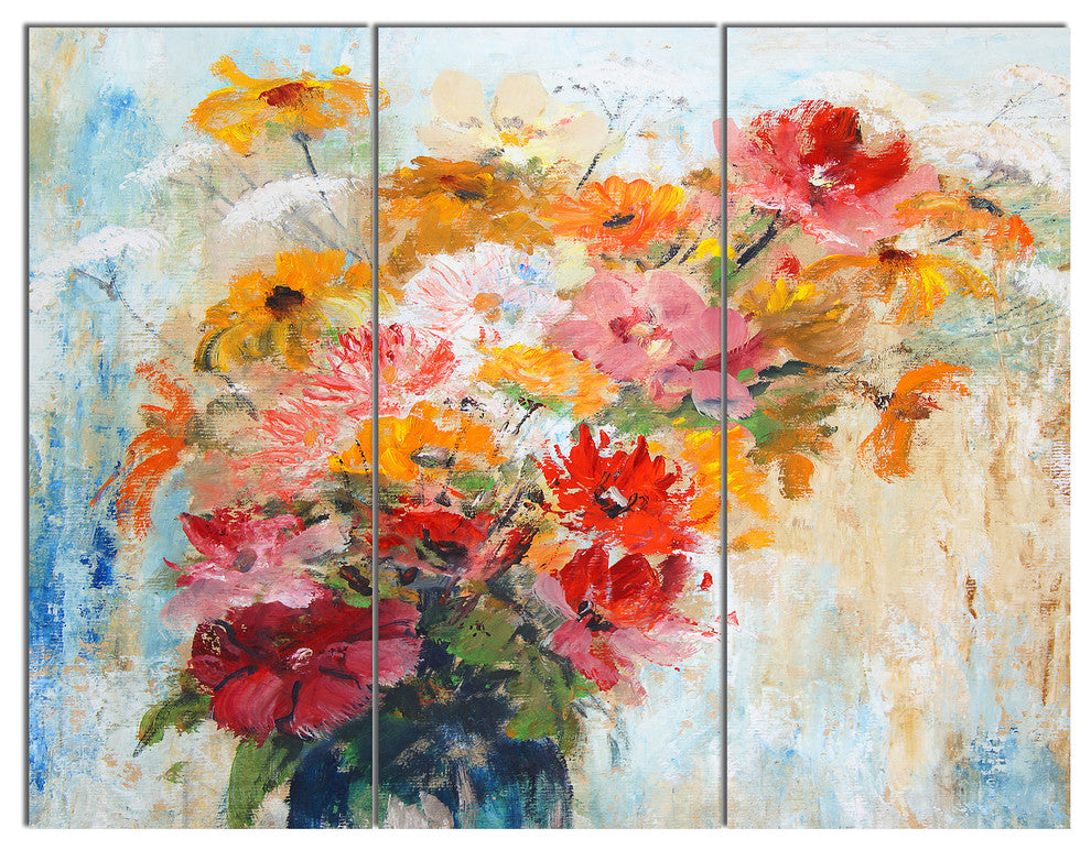 Flowers in Vase Painted Illustration, Floral Art Canvas Print, 36x28, 3 Panels