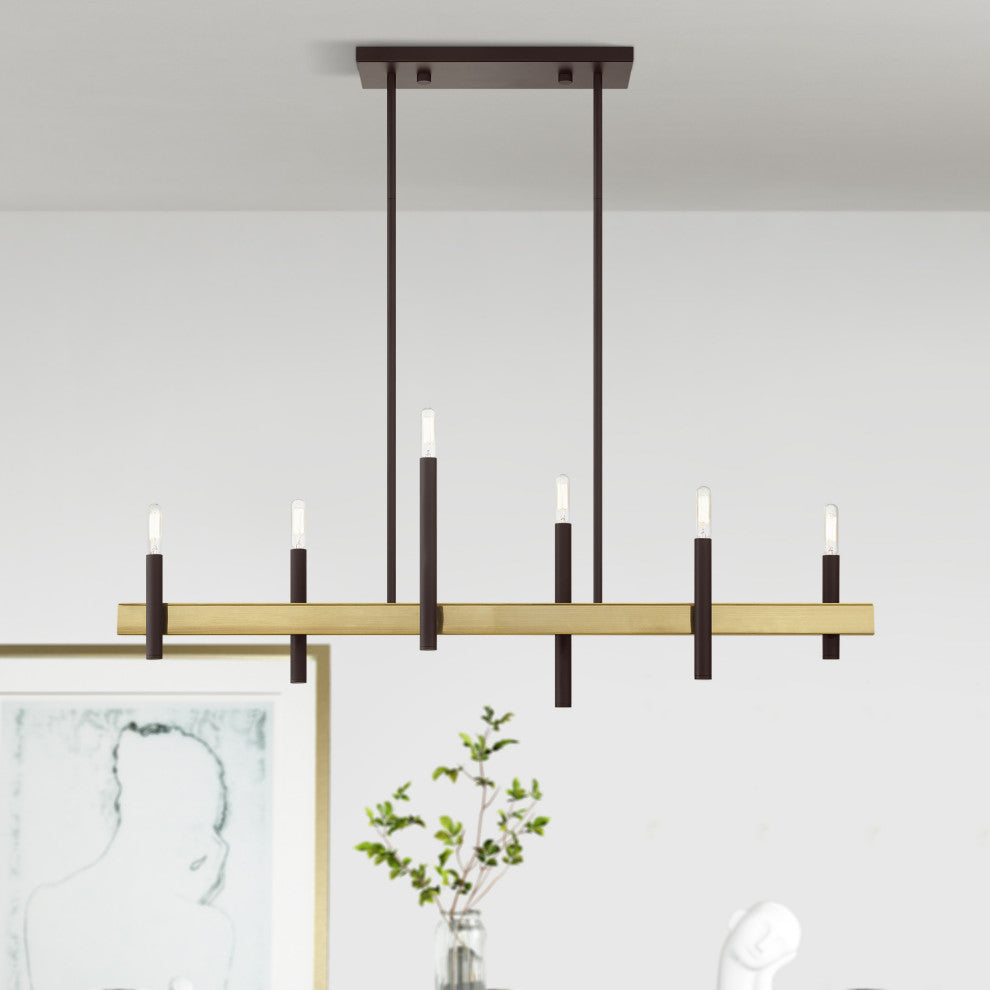 Livex Lighting Denmark 6 Light Bronze, Antique Brass Accents Linear Chandelier