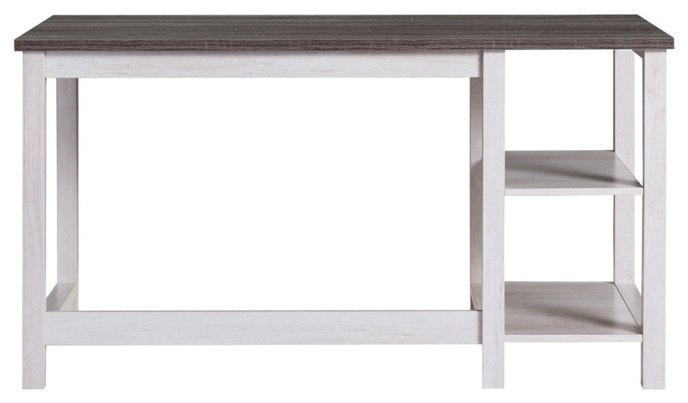 Farmhouse Desk, Wooden Legs With Rectangular Top & Open Comparments, White/Oak