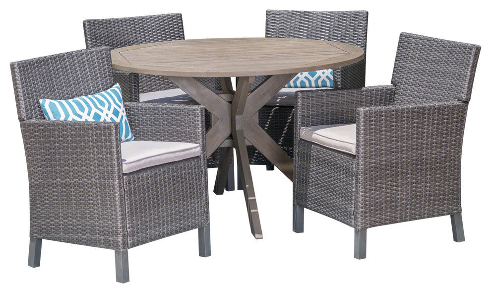 GDF Studio 5-Piece Kirby Outdoor Wood and Wicker Dining Set, Gray Finish/Gray