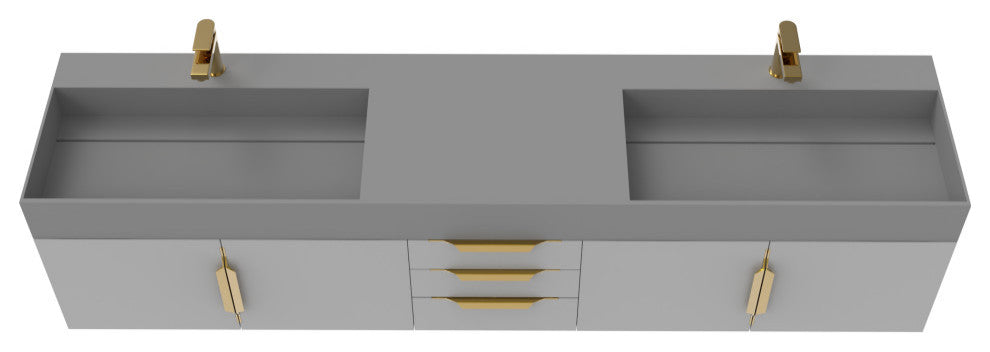 CastelloUSA Amazon 84" Wall Mounted Vanity Set, Gray, Gray Top, Gold Handles