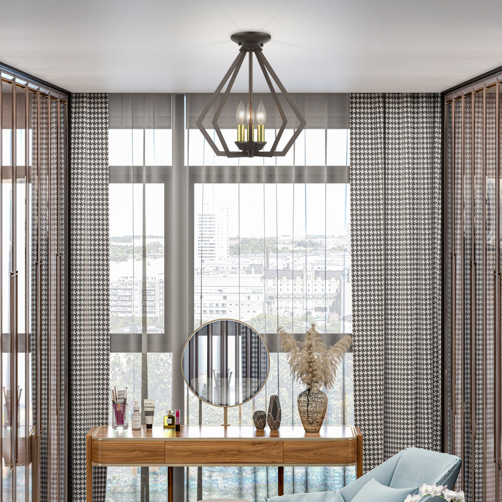Prism 3-Light English Bronze Semi-Flush/Small Pendant, Antique Brass Accents