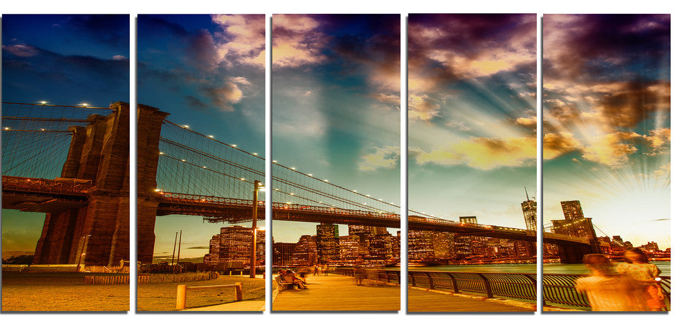 Relaxing in Brooklyn Bridge Park, Cityscape Canvas Print, 60"x28", 5 Panels