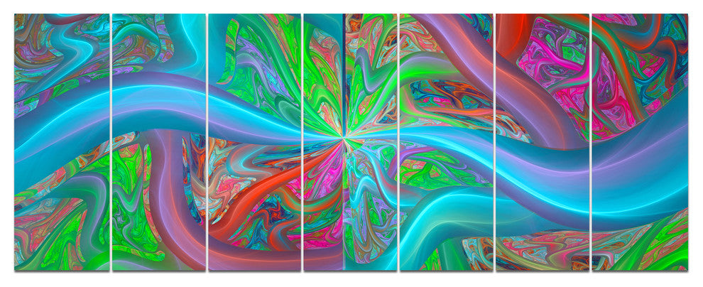 Blue Green Fractal Curves, Abstract Canvas Art Print, 83"x32", 7 Panels