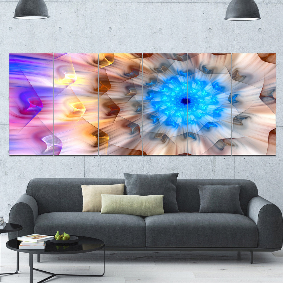 Blue Fractal Petals Dandelion, Floral Canvas Art Print, 70"x28", 6 Panels