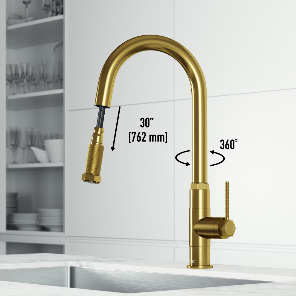 VIGO Hart Arched 18" H Single Handle Pull-Down Kitchen Faucet, Matte Brushed Gold, Without Extras