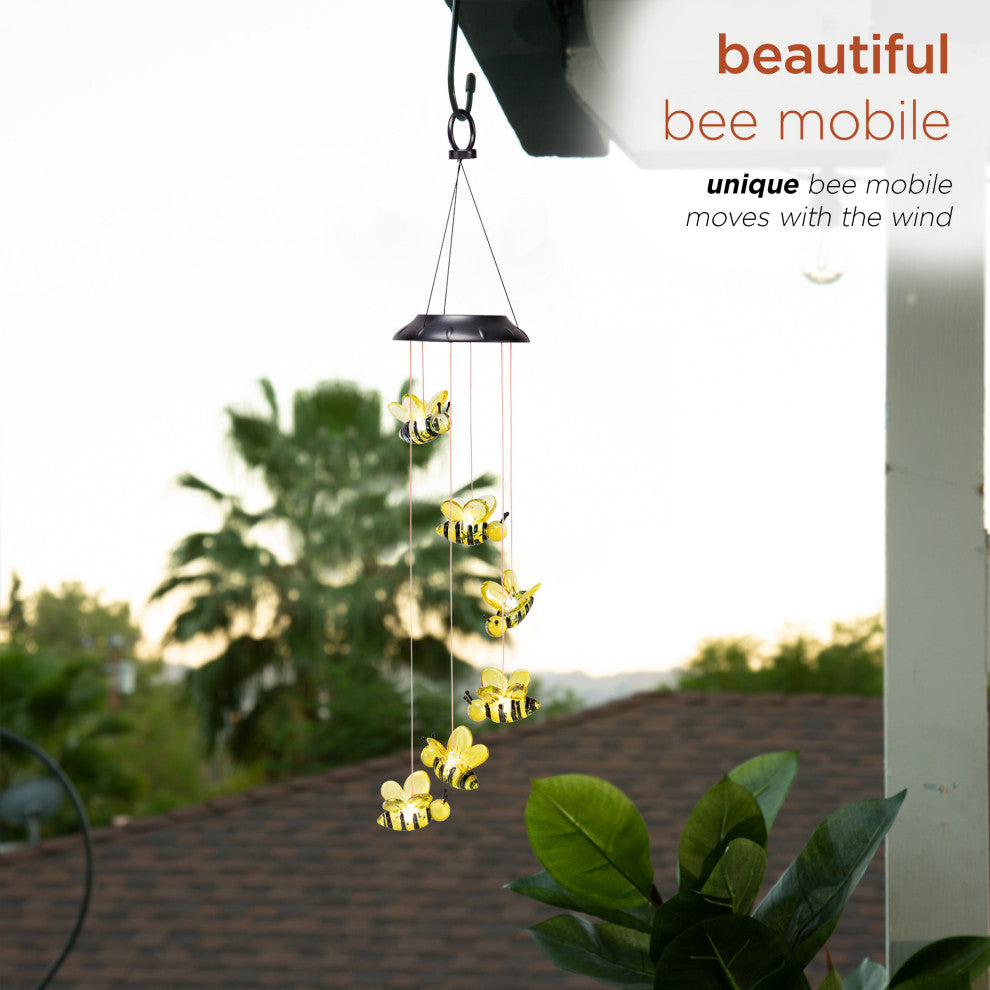 Alpine Solar Bee Wind Chime With White LED Light, 27"