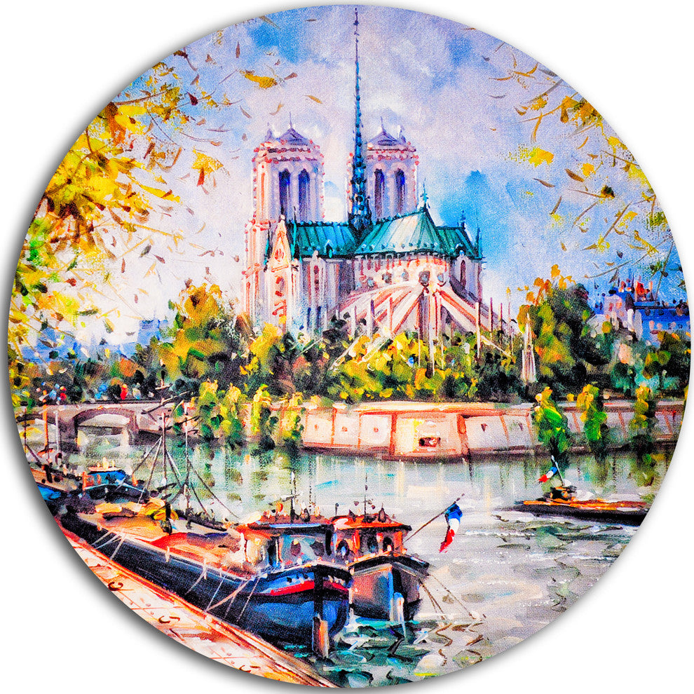 Notre Dame Paris, Landscape Round Metal Wall Art, 36"