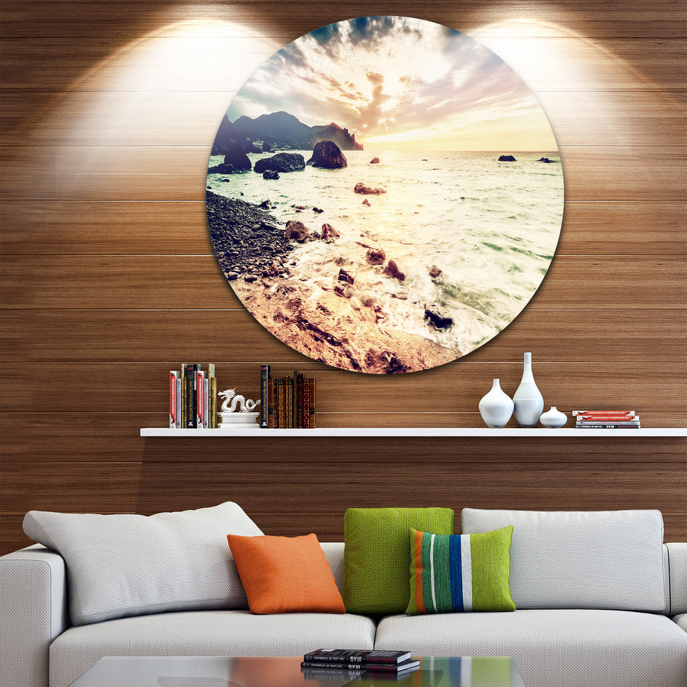 Summer Seascape With Scenic View, Seascape Round Metal Wall Art, 11"