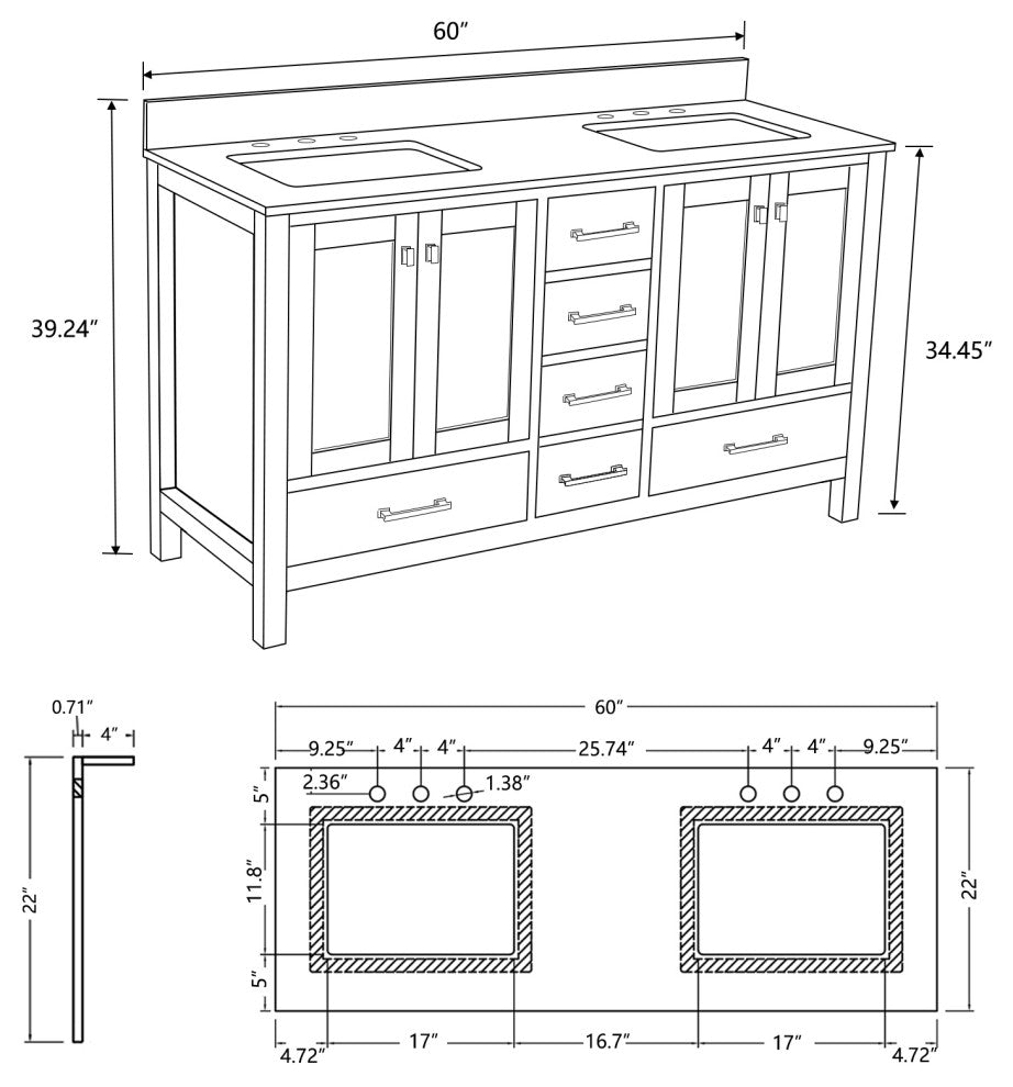 Bathroom Vanity Set, Base:White, 60", Without Mirror