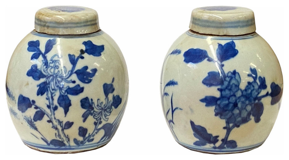 Pair Blue White Mini Oriental Flowers Graphic Porcelain Ginger Jars Hws1874
