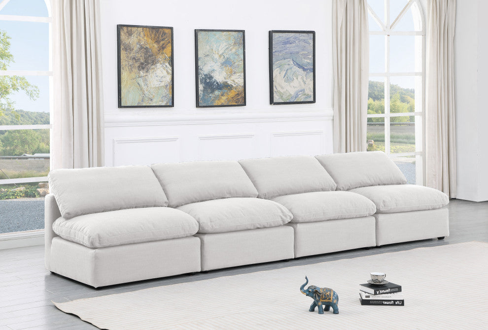 Indulge Upholstered Modular Sofa, White, 4-Piece: 4 Armless Chair, Down Stuffed Linen Textured Fabric