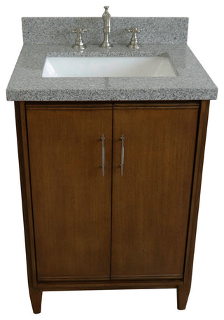 25" Single Sink Vanity, Walnut Finish With Gray Granite and Rectangle Sink
