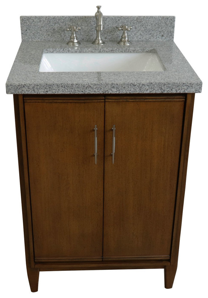 25" Single Sink Vanity, Walnut Finish With Gray Granite and Rectangle Sink
