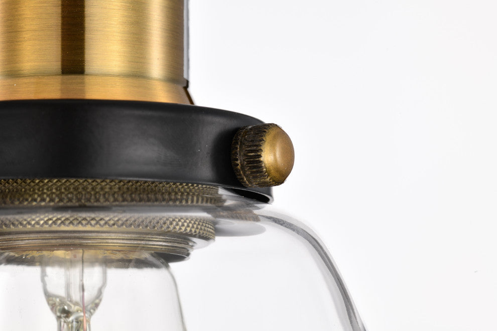 1-Light Black and Antique Brass Mini Pendant Light With Clear Bell Glass Shade