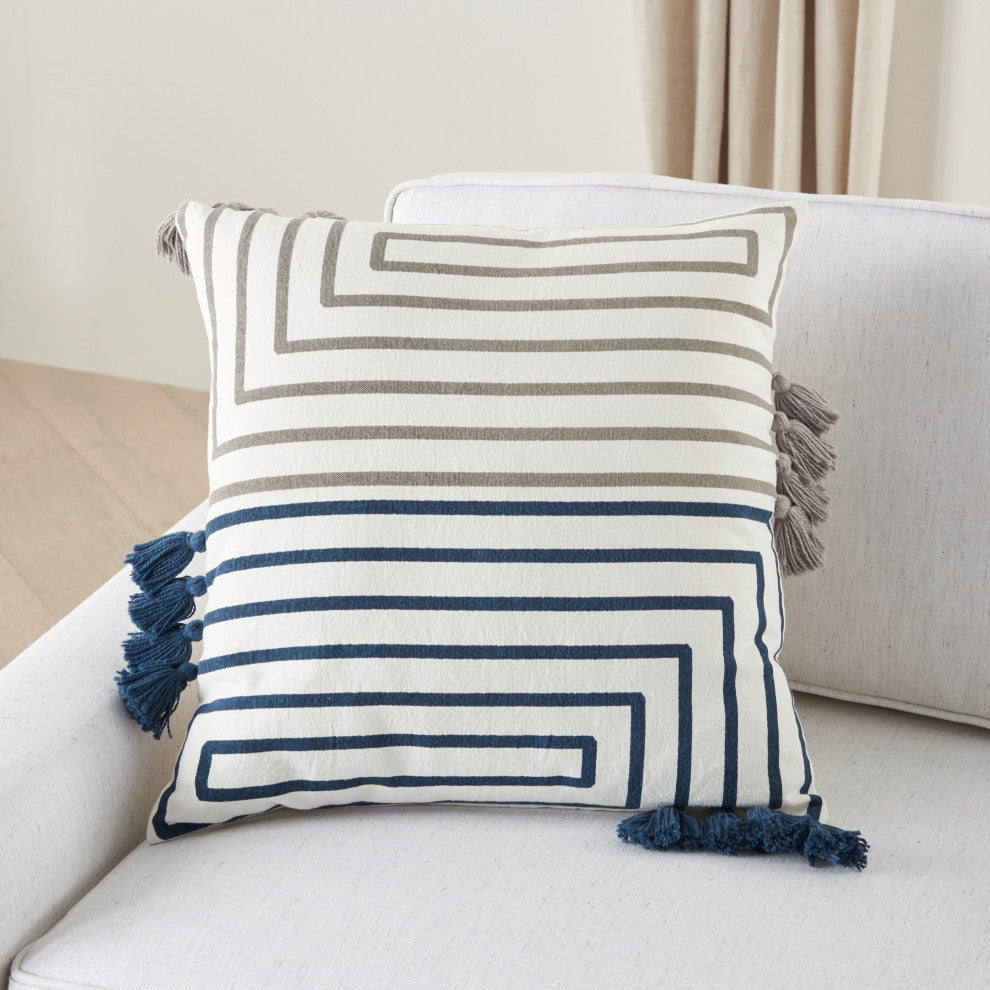 Mina Victory CN029 Throw Pillow, Light Grey/Navy, 18"X18"