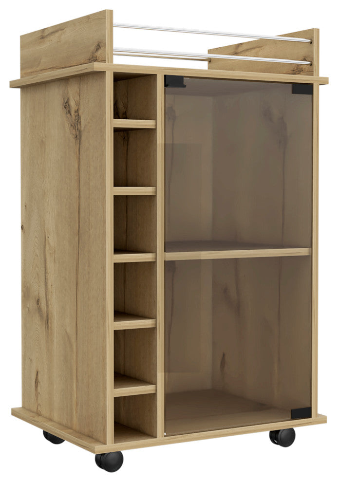 DEPOT E-SHOP Huali Bar Cart, 6 Wine Cubbies, Light Oak