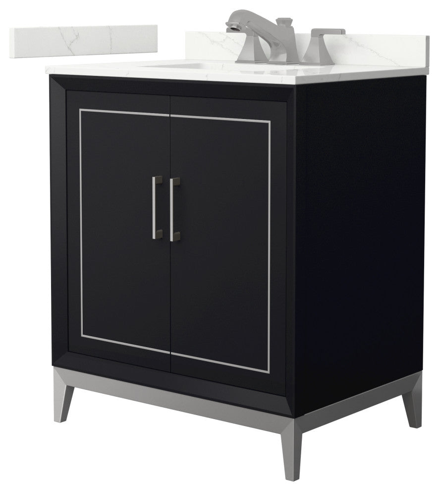 Marlena 30" Black Single Vanity, Quartz Top, 3-Hole, Nickel Trim