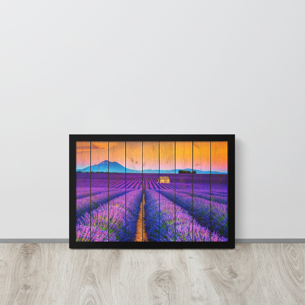Faux Wood Lavender Fields and Sunset Landscape Framed Photo Paper Wall Art Print, Black, 12" X 18"